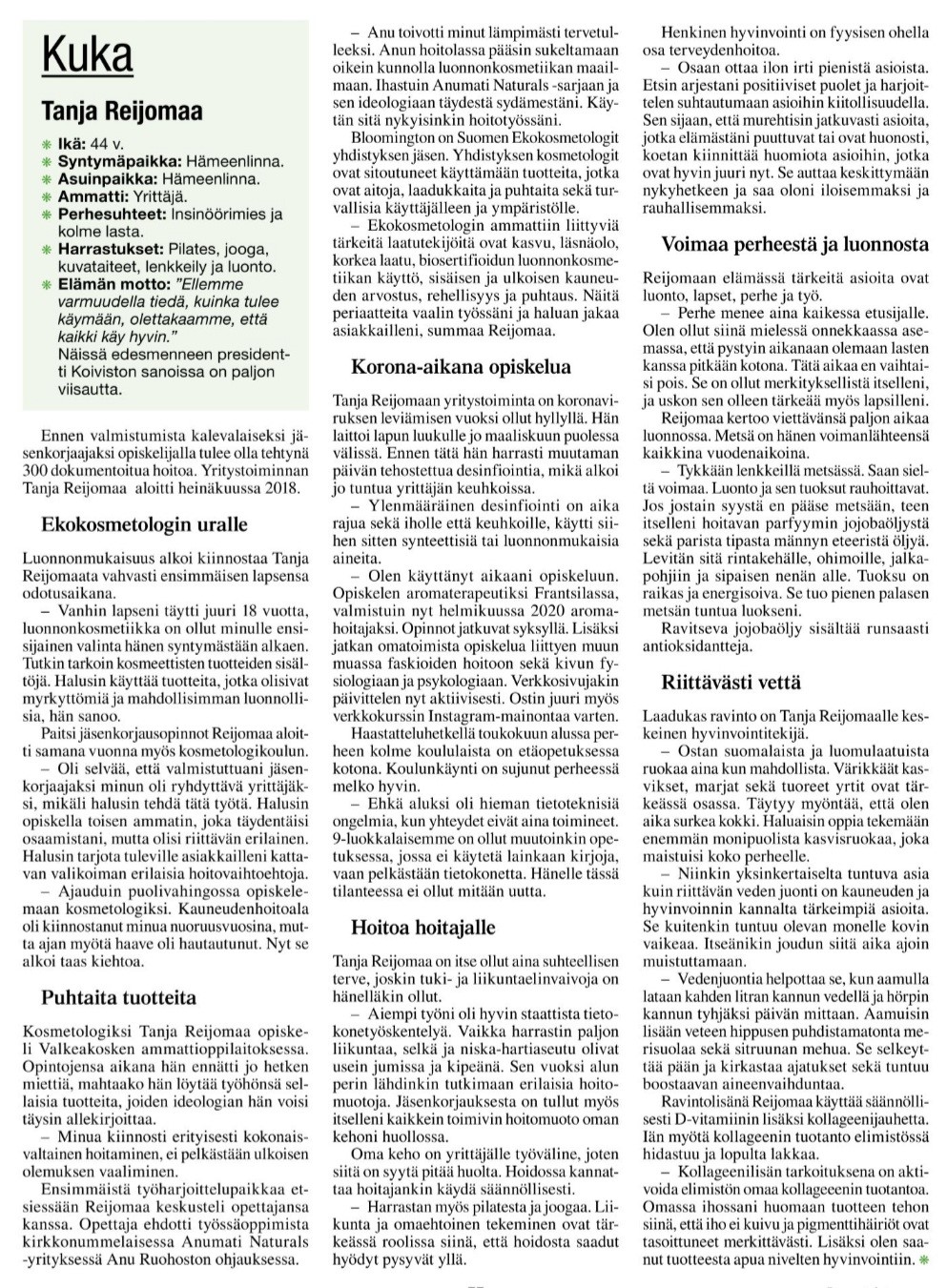 Tanja Reijomaa Luontaisterveys Kauneushoitola sivu 2